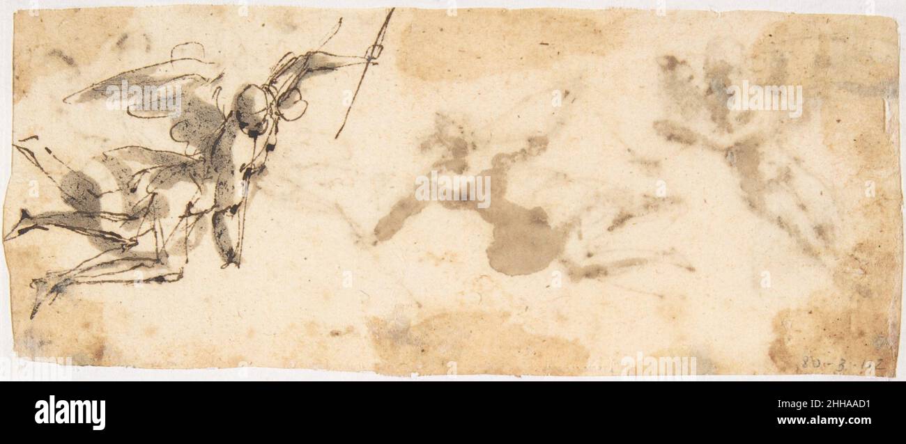 Vier fliegende Engel (recto); zwei fliegende Figuren (verso) 1624–63 zugeschrieben Francesco Allegrini Italienisch. Vier fliegende Engel (recto); zwei fliegende Figuren (verso) 338029 Stockfoto