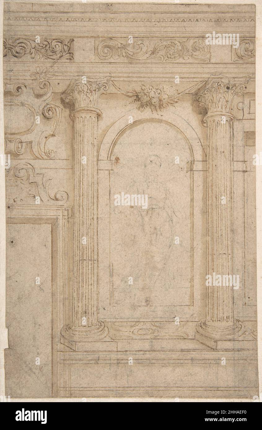 Architekturentwurf mit zwei Spalten und Figur 17th Jahrhundert Anonym, Italienisch, 17th Jahrhundert Italienisch. Architekturentwurf mit zwei Säulen und Abbildung 389437 Stockfoto