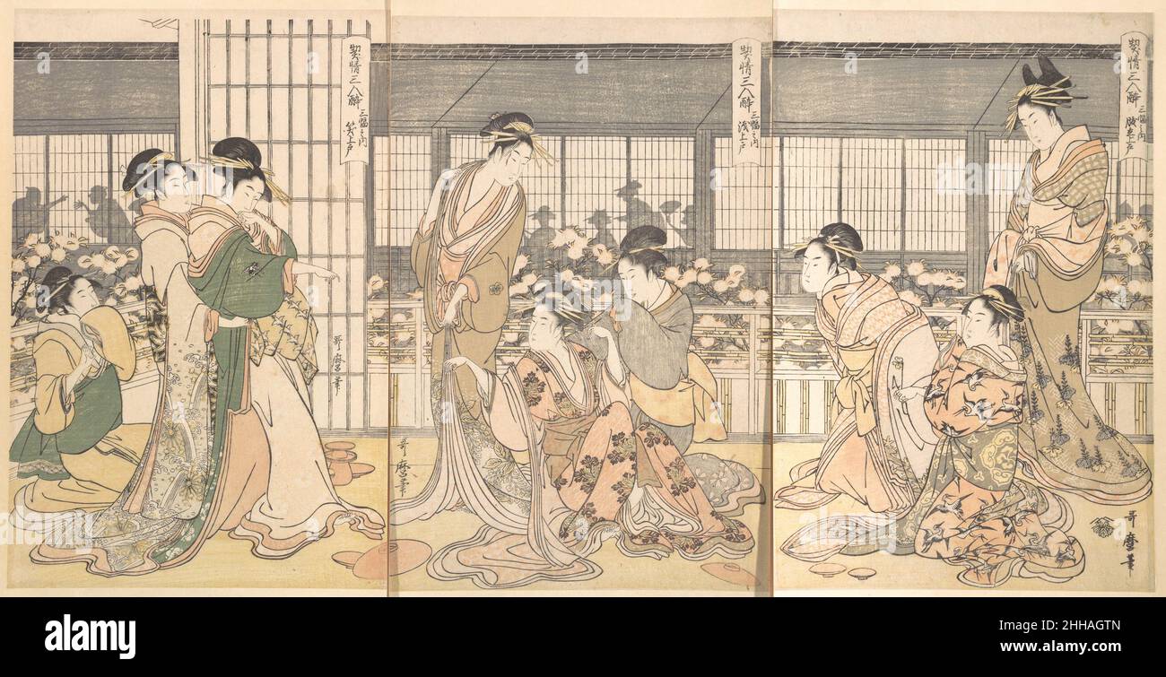 Drei berauschte Kurtisanen 1790s Kitagawa Utamaro der Japaner Utamaro verwendet die Silhouette, um die enorme Länge des Grünen Hauses und seiner Bewohner zu gestalten, ohne Frage kühn. Drei Kurtisanengruppen stehen auf einem Balkon, hinter ihnen sind die Spitzen der blühenden Kirschbäume im Hof zu sehen. Die Silhouetten, die über den Innenhof sichtbar sind, verstärken den fast klaustrophobischen Mangel an Privatsphäre, den diese Vergnügungshäuser bieten. Utamaros Inschriften beschreiben die verschiedenen Reaktionen, die Menschen haben, wenn sie berauscht sind. Sie sind, von rechts nach links: Wut, Weinen und Lachen. Dieses Drama Stockfoto