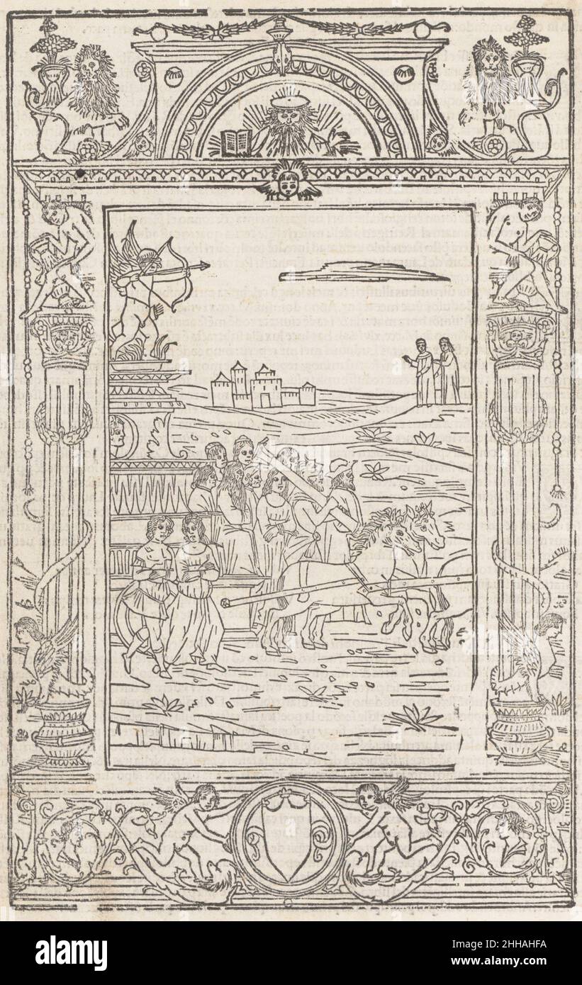 Oper..Triumph, Soneti Und Canzone.. 15. Februar 1508 Francesco Petrarca Italienisch. Oper..Triumph, Soneti Und Canzone... 15. Februar 1508. Gedrucktes Buch mit Holzschnitt-Illustrationen. Bartolomeo de' Zanni, Venedig. Bücher Stockfoto