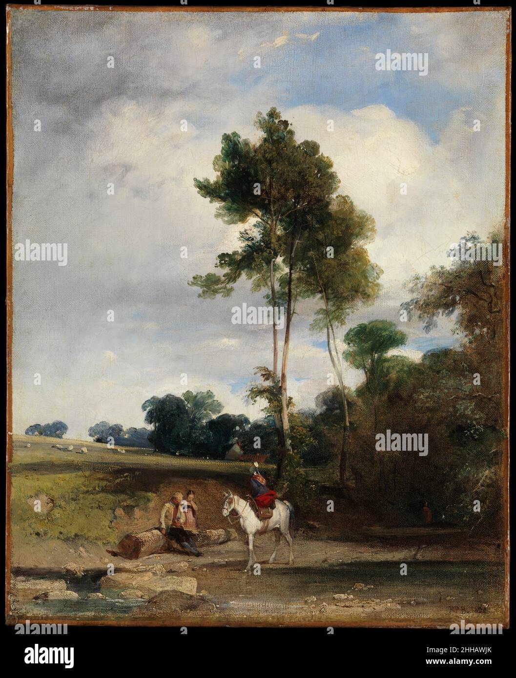 Roadside Halt 1826 Richard Parkes Bonington Britisch Diese Leinwand aus dem Jahr 1826, die in der Normandie entstanden ist, ist fließend und leicht wie Aquarell gemalt, ein Medium, in dem Bonington glänzte. Obwohl der Künstler nur etwa vier Jahre lang mit Ölen malte, waren Werke wie diese bemerkenswert genug, um Eugène Delacroix zu beeindrucken, der schrieb: „Ich konnte es nie müde werden, sein wunderbares Verständnis von Effekten und die Möglichkeit seiner Ausführung zu bewundern.“ Haltestelle Am Straßenrand 435707 Stockfoto