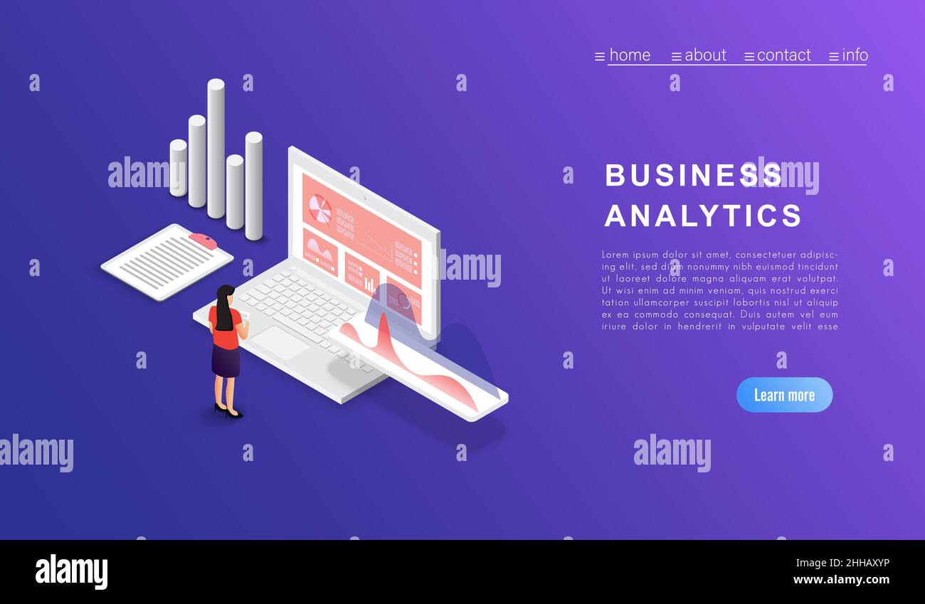 Geschäftsanalyse-Daten und Investitionen zu konzipieren. Geschäftserfolg.Finanzbericht mit Laptop- und Infografik-Elementen. 3D isometrische flache Ausführung. Vecto Stock Vektor