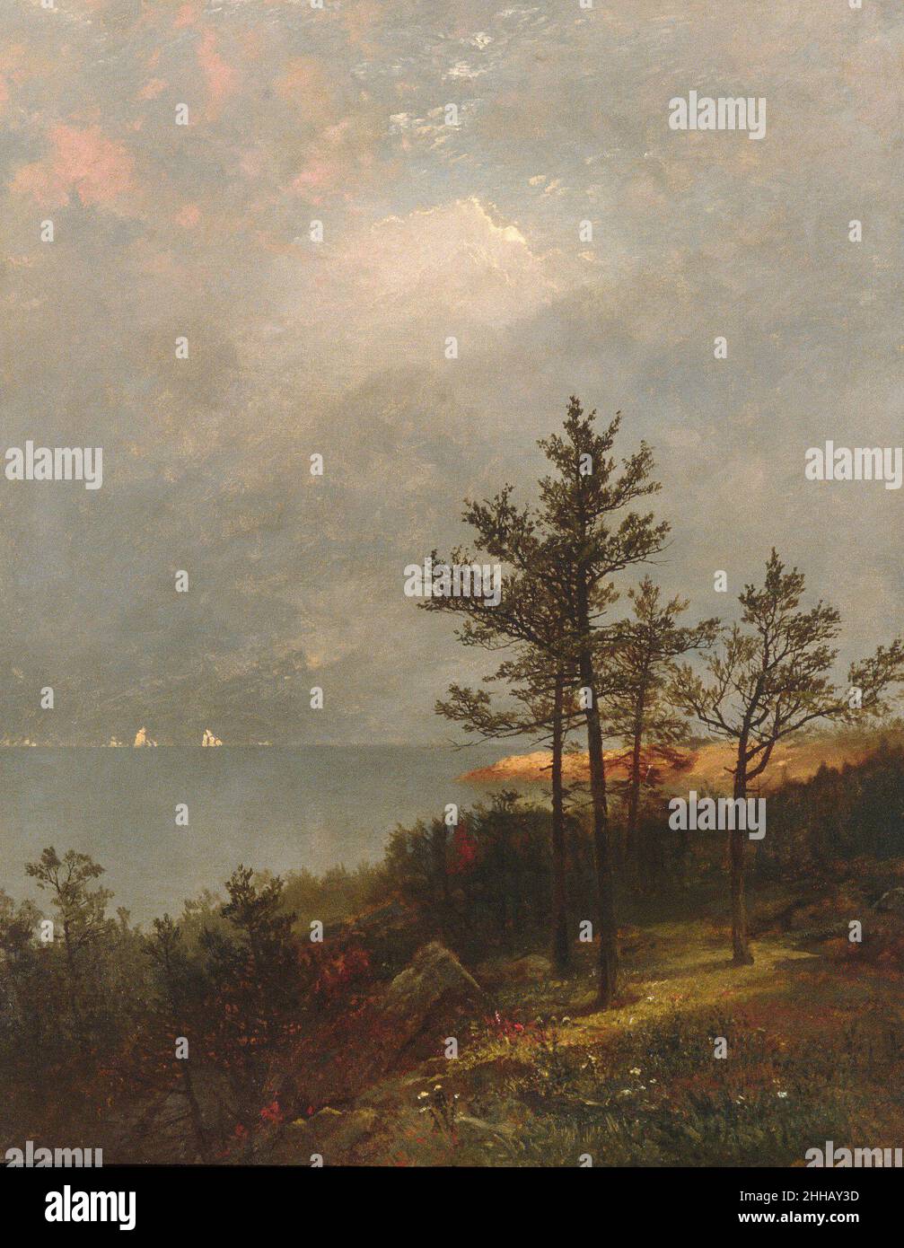 Gathering Storm on Long Island Sound 1872 John Frederick Kensett American die Einfachheit von Linie, Form und Anordnung, die Kensetts späte Küstenlandschaften kennzeichnet, verleiht den meisten von ihnen eine ansprechende Ruhe. Hier wechselt die Stimmung zu subtiler Spannung, im Dialog zwischen den stacheligen Gliedern der wachsamen Kiefern und dem umschließenden Himmel. Kensett war ein Meister in der expressiven, wenn auch dezenten Verwendung von Bäumen. In diesem Gemälde erinnern ihre ikonischen, ja anthropomorphen Qualitäten, die vor dem brütenden Firmament silhouettiert wurden, an Rembrandts Radierung „die drei Bäume“, einen Klassiker der westlichen Landschaftsbilder, die Stockfoto
