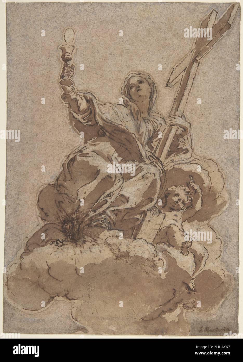 Allegorische Figur des Glaubens 1672 Giovanni Battista Gaulli (Il Baciccio) der Italiener Baciccio entwarf die Fresken im Gewölbe von Santa Marta al Collegio Romano in Rom um 1672. Die Dekoration wurde als eine Serie von drei Tondi konzipiert, die jeweils von Pendentives mit Personifikationen von Tugenden eingerahmt wurden. Diese Studie ist für eine der allegorischen Figuren, den Glauben, bestimmt. Die Zeichnung wurde von Maria Vittoria Brugnoli (1966: Siehe hier 'Referenzen') als Gaullis Studie für die allegorische Glaubensfigur identifiziert, die in einem dreieckigen Teil der Gewölbedecke in der Kirche Santa Marta al Collegio Romano in Rom erscheint. Stockfoto