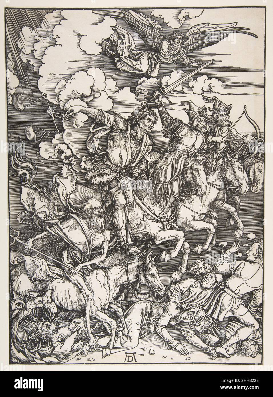Die vier Reiter, aus der Apokalypse 1498 Albrecht Dürer Deutsch der dritte und bekannteste Holzschnitt aus Dürers Bilderserie zur Apokalypse, die vier Reiter, präsentiert eine dramatisch destillierte Version der Passage aus dem Buch der Offenbarung (6:1-8): Und ich sah, und siehe, ein weißes Pferd, und sein Reiter hatte einen Bogen; und ihm wurde eine Krone gegeben, und er zog aus, siegend und zu siegen. Als er das zweite Siegel öffnete, hörte ich das zweite Lebewesen sagen: 'Komm!' Und es kam ein anderes Pferd heraus, leuchtend rot; sein Reiter durfte Frieden von der Erde nehmen, damit die Menschen es tun konnten Stockfoto