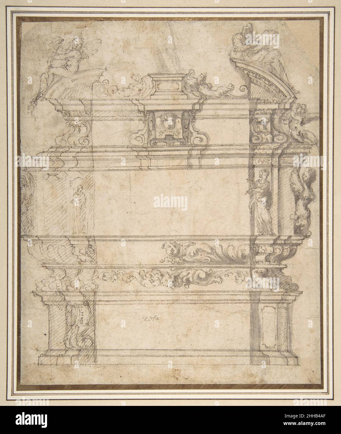 Design für ein Grab mit weiblichen Figuren, Putti und mythologischen Kreaturen 16th Jahrhundert Anonym, Italienisch, 16th Jahrhundert Italienisch. Entwurf für ein Grab mit weiblichen Figuren, Putti und mythologischen Kreaturen 343213 Stockfoto