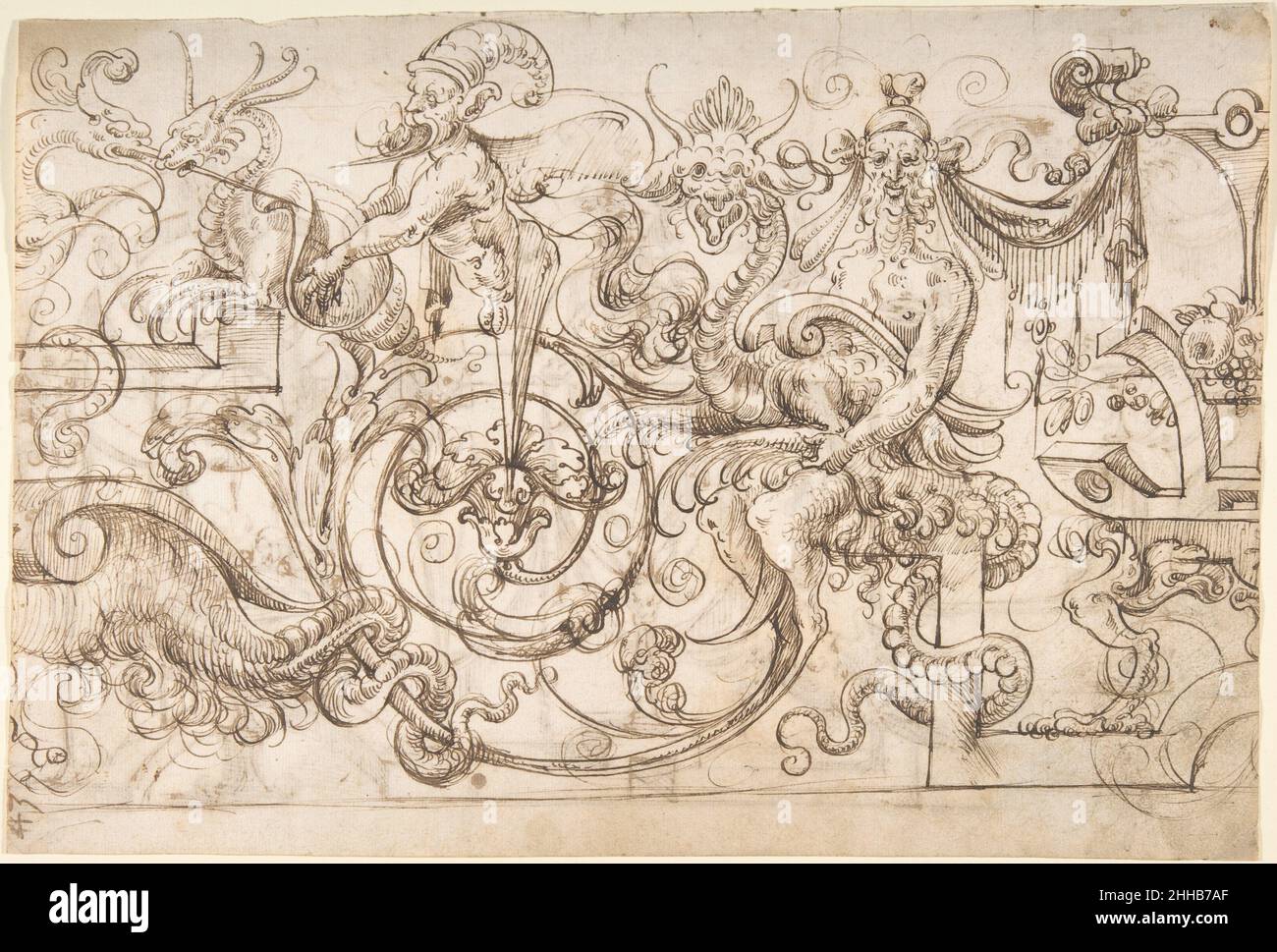 Entwurf für einen Frieze mit Grotesken im flämischen Stil (recto); Geflügelter Begriff und andere Begriffe mit grotesken Vögeln (verso) ca. 1545–60 dem spanischen Andrés de Melgar zugeschrieben. Entwurf für einen Frieze mit Grotesken im flämischen Stil (recto); Geflügelter Begriff und andere Begriffe mit grotesken Vögeln (verso) 337492 Stockfoto