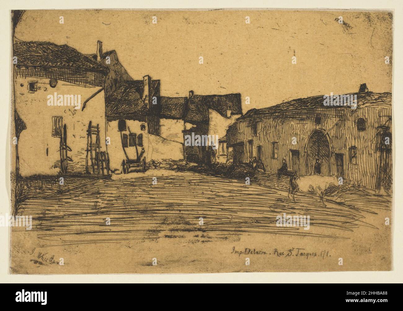 Liverdun 1858 James McNeill Whistler American Whistler besuchte Liverdun, eine Stadt an der Mosel, kurz vor dem Beginn einer Sommer-Rheinlandtour im Jahr 1858. Er reiste mit dem Zug zwischen Nancy und Straßburg, machte Skizzen und ein paar Radierungen, einschließlich der vorliegenden Arbeit. Hier umrahmen alte Bauernhäuser einen Hof und stellen fest, was eine bevorzugte formale Anordnung werden würde. Dächer und Wände sind mit schattigen Öffnungen versehen, um ein Spiel von Lichtern und Dunkeln zu schaffen, das von den leicht geätzten Formen von Landarbeitern, Leitern und einem Wagen belebt wird. Eine weiße Kuh geht aus dem Raum rechts, und weite Weiten darunter Stockfoto