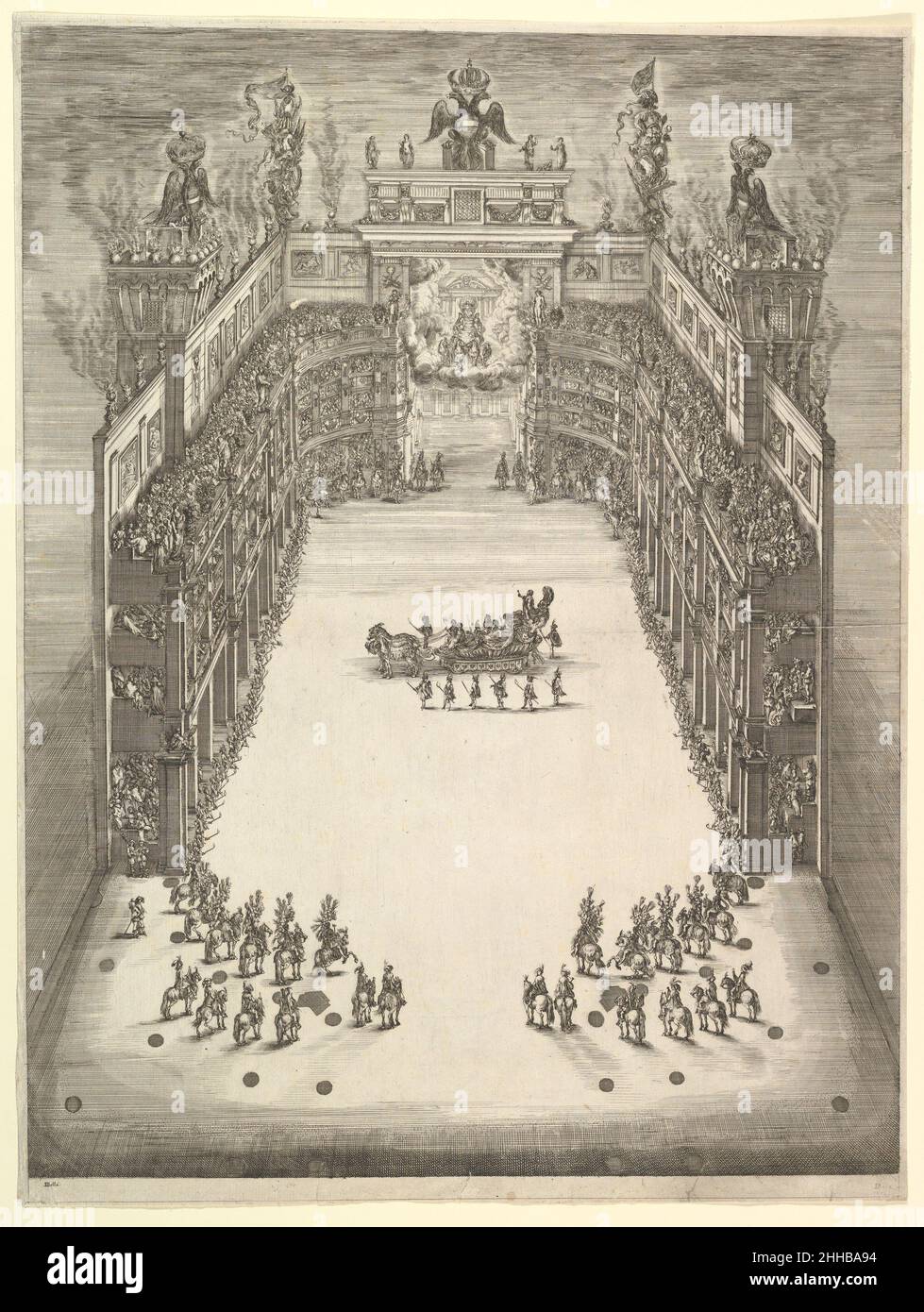 Theater in Modena, von oben gesehen und voller Zuschauer, mit einem Triumphwagen in der Mitte und Pferden in Formation unten links und rechts, von 'La Gara delle Stagioni' 1652 Stefano della Bella Ital. Theater in Modena, von oben gesehen und voller Zuschauer, mit einem Triumphwagen in der Mitte und Pferden in Formation unten links und rechts, von 'La Gara delle Stagioni' 382566 Künstler: Geätzt von Stefano della Bella, Italienisch, Florenz 1610?1664 Florenz, Theater in Modena während eines Karussells 1652, 1652, Radierung; erster Staat. Das Metropolitan Museum of Art, New York. Die Elisha Whittels Stockfoto