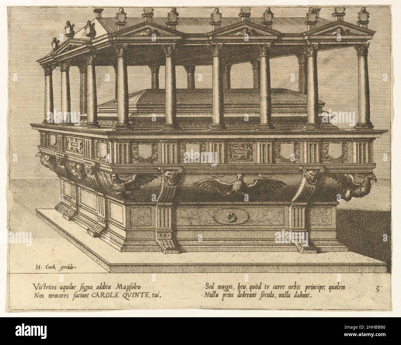 Cœnotaphiorum (3) 1563 Hans Vredeman de Vries Niederländisches Freistehendes Grabmal in Form eines eingehüllten Grabes. Die einhüllende Struktur ist mit Vögeln (der Beute?) geschmückt. Und ein Fries aus Triglyphs und leeren Wappen in den Metopes. Das Denkmal wird von einem klassischen Portikus gekrönt, der von korinthischen Säulen gestützt wird. Unter dem Bild befindet sich eine lateinische Inschrift, die aus vier Zeilen besteht und über zwei Spalten verteilt ist. Cœnotaphiorum (3) 402131 Stockfoto