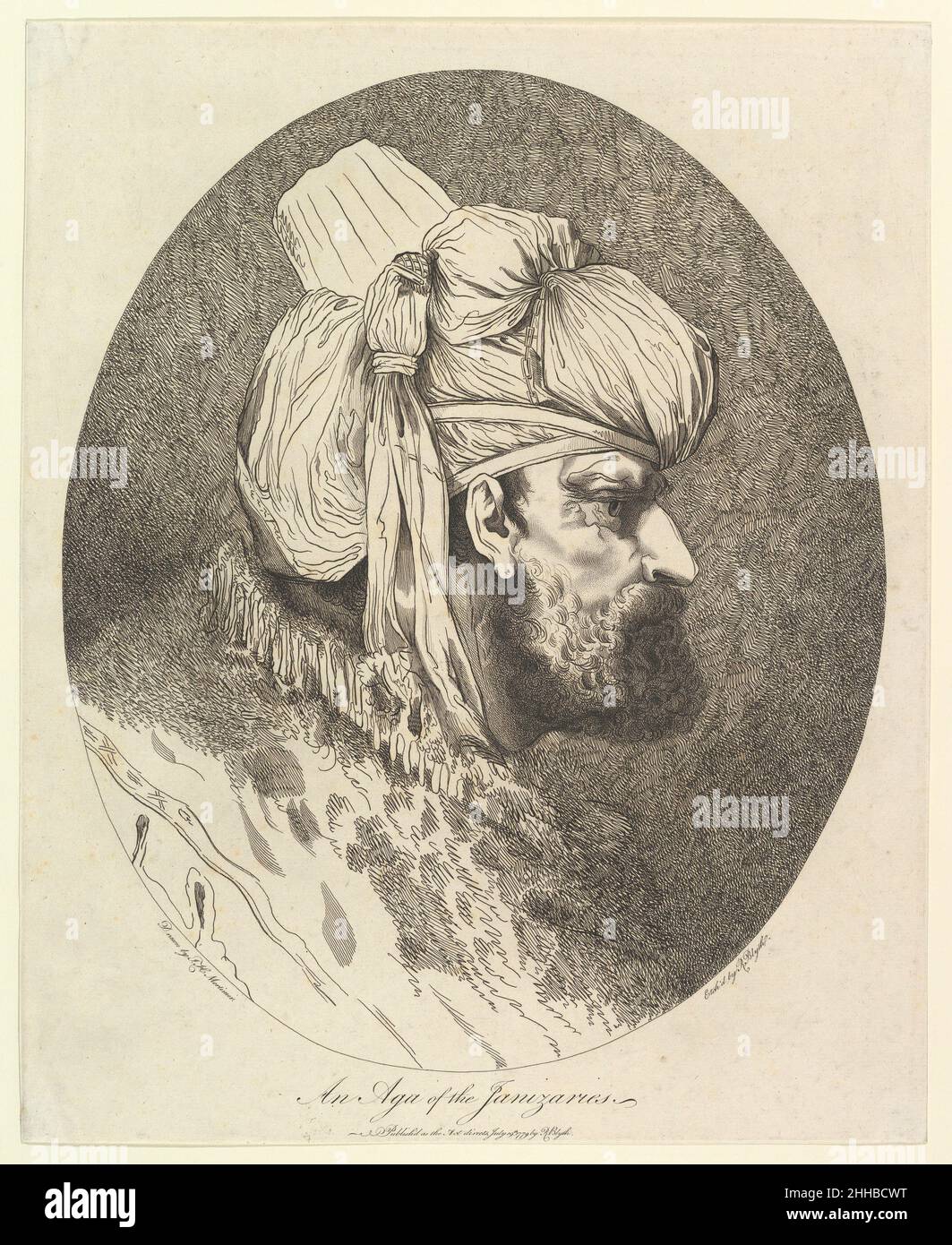 An Aga of the Janizaries July 19, 1779 geätzt und veröffentlicht von Robert Blyth der Entwurf von British Mortimer erinnert mit diesem brütenden Porträt eines türkischen Militärführers an die Gefahren und Exotik des Ostens (Janizaries waren Mitglieder der Sultangarde, die als Schutzeskorte für europäische Reisende fungierten). Da Mortimer nicht daran interessiert war, das militärische Kostüm seines Subjekts genau zu reproduzieren, konzentrierte er sich stattdessen auf sein tief schattiges Auge, seinen intensiven Blick und sein wildes Profil. Die Freiheit von Blyths Radierung, die besonders in der expressiven Linie der Rüschen-, Turban- und Hintergrundschattierung deutlich wird, ist Stockfoto