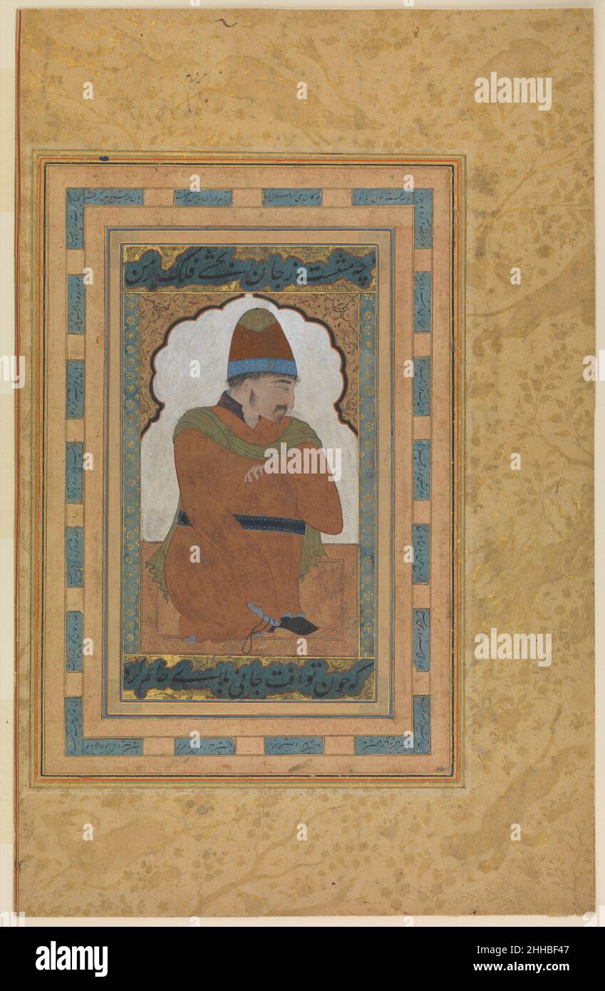 Porträt eines Derwisch 16th. Jahrhundert im sechzehnten Jahrhundert wurden Alben mit Beispielen großer Malerei und Kalligraphie auf geschmückten Seiten populär. Dieses Folio aus einem solchen Album enthält ein Porträt eines Derwischs oder eines Mitglieds einer mystischen religiösen Bruderschaft, umgeben von Gedichten aus einem anderen Werk. In einen Mantel gehüllt, in Gedanken verloren, mit einer Kette von Gebetsperlen, die von seinem Ärmel hängen, verkörpert der Derwisch das Ideal religiöser Vertiefung, aber die individuelle Zeichnung seines Gesichts deutet auf ein wahres Porträt hin. Porträt eines Derwisch 451406 Stockfoto