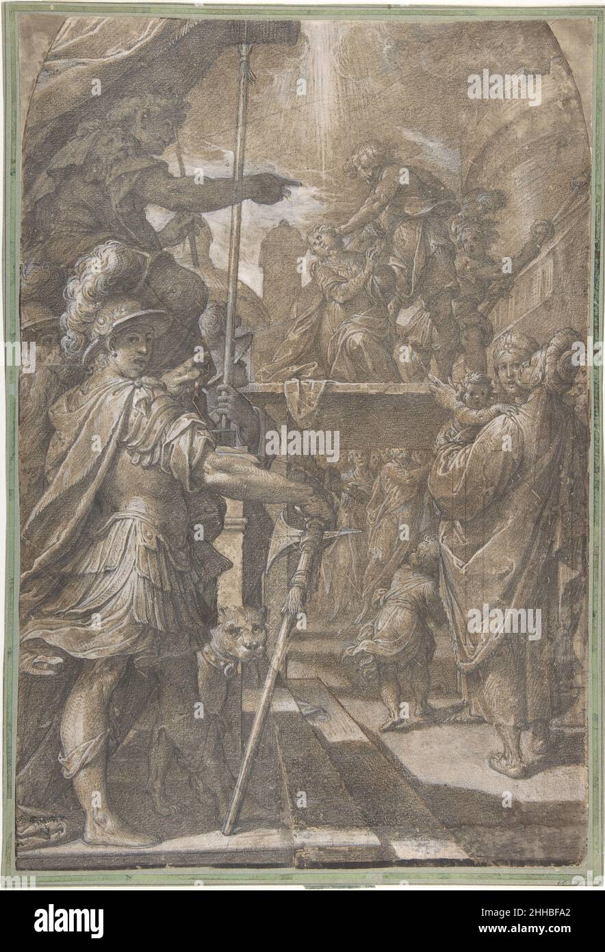 Martyrium einer heiligen Frau (Agnes?) 1605–9 Camillo Procaccini Italienisch Dieses hochgearbeitete Modell, gezeichnet mit einer Fülle von Materialien, Wurde 1953 von Philip Pouncey als Werk Camillo Procaccinis anerkannt und 1968 von Nancy ward Neilson als Studie für ein Gemälde desselben Themas von Camillo im Santuario dell'Addolorata bei Rho (bei Mailand) identifiziert, datierbar um 1605-1609 (Neilson 1979, S. 63, Abb. L 142, S. Sowohl auf dem Bild als auch auf der Zeichnung identifiziert die Engelsburg rechts den Ort des Martyriums als Rom: Das Opfer könnte die heilige Agnes sein. Das Museum besitzt ein zweites d Stockfoto