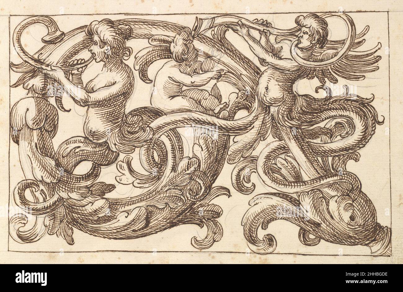 Horizontales Tafeldesign mit zwei männlichen Figuren und einem Putto, eingestreut zwischen Acanthus Rinceaux 17th Jahrhundert (erste Hälfte) Anonym, Italienisch, Venetian, 17th Jahrhundert Italienisches Design für eine horizontale Tafel gefüllt mit einem gewundenen Akanthus rinceau. Zwei männliche Figuren, deren Unterkörper aus Blättern und Rinzeaux bestehen, spielen lange, geschwungene Hörner. Zwischen ihnen sitzt ein Putto auf dem Rinceau. Horizontales Panel-Design mit zwei männlichen Figuren und einem Putto zwischen Acanthus Rinceaux 410886 eingestreut Stockfoto
