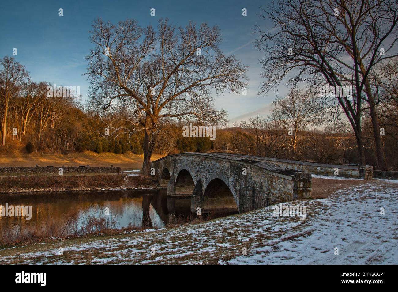 Foto des Winters auf der Burnside Bridge, Antietam National Battlefield, Maryland USA Stockfoto