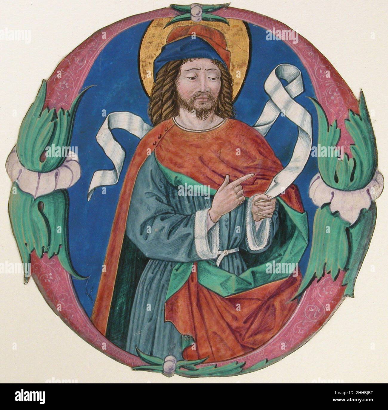 Manuskript Illumination mit der Figur eines Heiligen in einer Initiale O Ca. 1480 Italienisch. Manuskript Illumination mit der Figur eines Heiligen in einer Initiale O 468479 Stockfoto