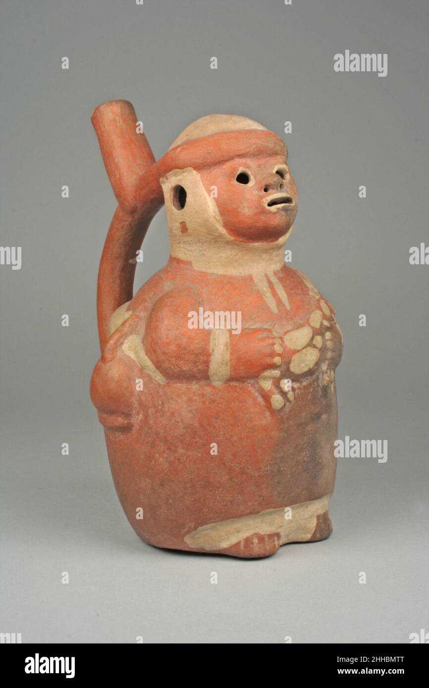 Pfeifender Stirrup Trinkflasche mit Abbildung 5th–7th Jahrhundert Moche. Pfeifende Stirrup-Trinkflasche mit Abbildung 309337 Stockfoto
