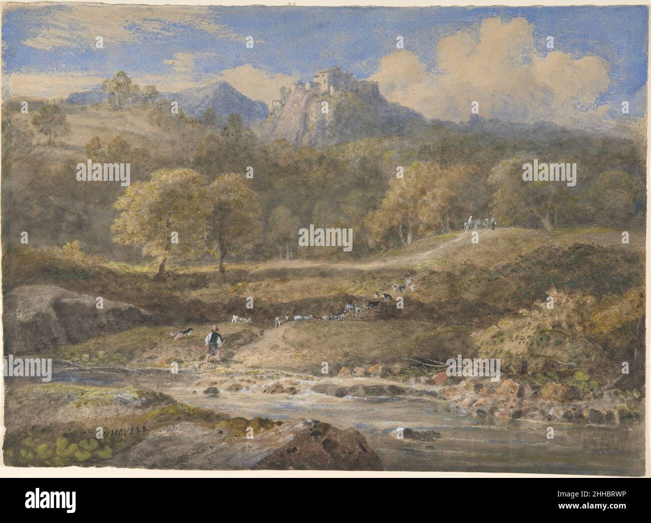 Licenza, in der Nähe von Rom: Horace's Villa Ca. 1828–29 William Havell British nach einem Jahrzehnt in China und Indien kehrte Havell 1826 nach England zurück und besuchte zwei Jahre später mit dem Maler Thomas Uwins Italien. Die vorliegende Zeichnung ist eine von zwei bekannten Werken, die während dieses Aufenthalts angefertigt wurden (die andere ist die „Küstenszene, Amalfi“, das Victoria and Albert Museum). Horace's Farm in den Sabine Hills, etwa 30 Meilen östlich von Rom, ist ein ikonischer Ort, der spätere Landzüge von Stourhead, Wiltshire, bis zu Thoreau's Cottage am Walden Pond beeinflusst hat, und Havells Blick führt vom Licenza R aus auf den Hang des Colle Rotondo Stockfoto