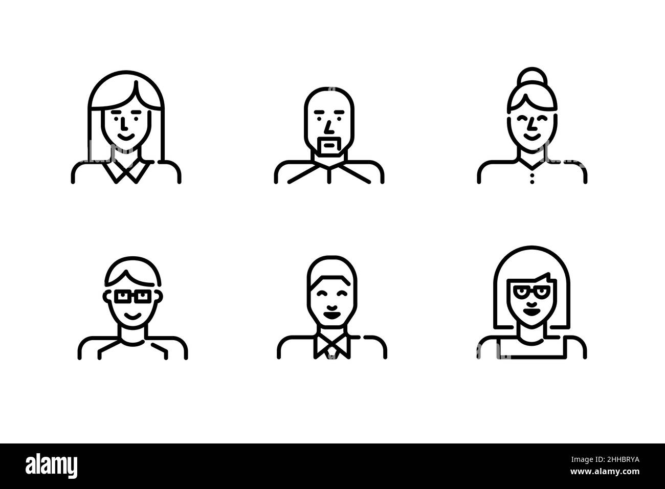 Line Art Simple User Profile Icons gesetzt. Mädchen, Jungen und Berufskräfte. Pixelgenaue, bearbeitbare Kontur Stock Vektor