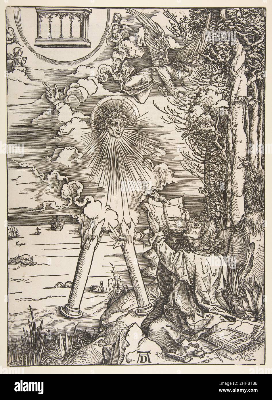 Johannes verschlingt das Buch, aus der Apokalypse 1497-1498 Albrecht Dürer Deutsch. Der heilige Johannes verschlingt das Buch, aus der Apokalypse 397138 Stockfoto