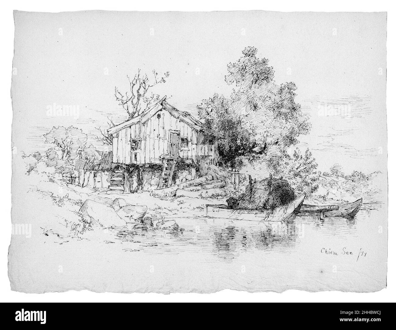 Chiem See, Deutschland 1877 Andrew Fisher Bunner. Chiem See, Deutschland. Andrew Fisher Bunner (1841–1897). Amerikanisch. 1877. Schwarze Tinte und Graphitspuren auf hellem Büffelpapier Stockfoto