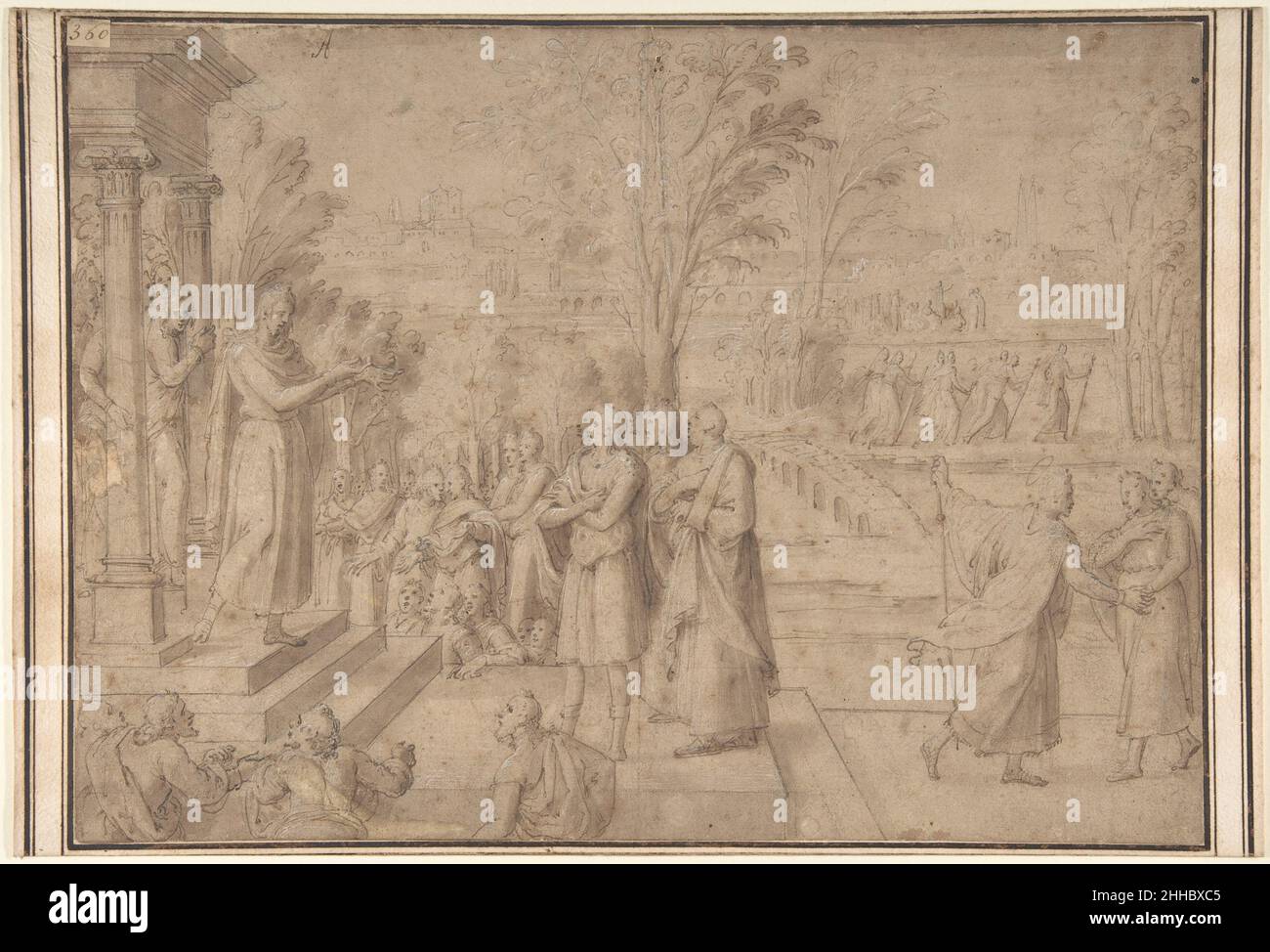 Ein Heiliger spricht Figuren aus den Stufen eines Tempels Antoine Caron Französisch. Ein Heiliger spricht Figuren aus den Stufen eines Tempels an 334722 Stockfoto