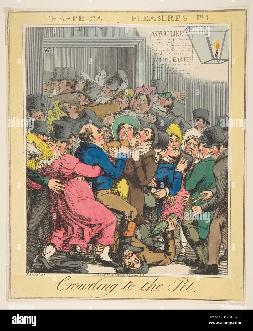 Theatralische Genüsse, Platte 1: In die Grube drängen Ca. 1835 Theodore Lane British. Theatralische Freuden, Platte 1: In die Grube drängen 392468 Stockfoto