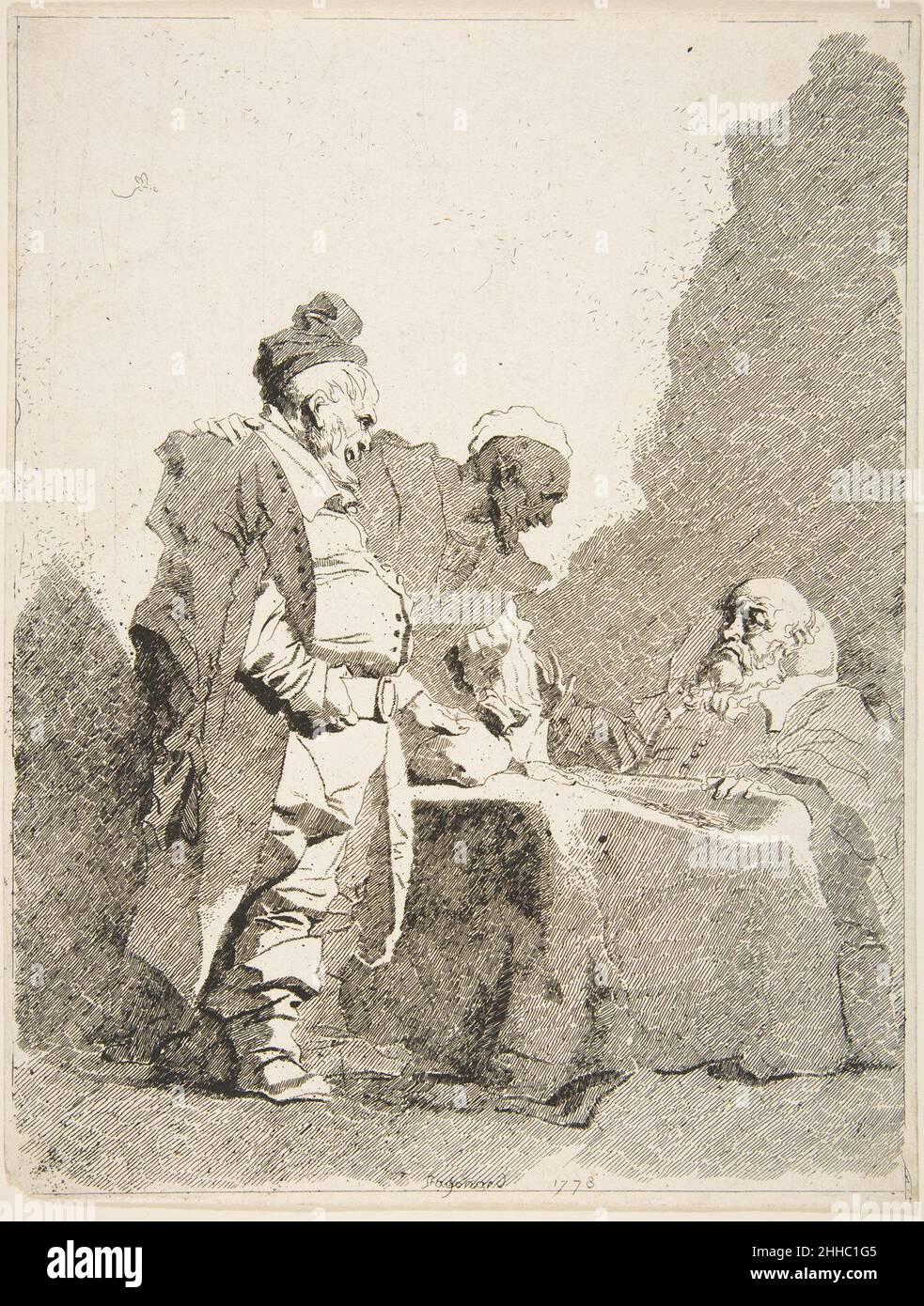 The Tax Collectors (Les Traitants) 1778 Jean Honoré Fragonard Französisch der aktuelle Titel wurde 1859 erstmals in einer Publikation veröffentlicht. Die gestochen scharfe Radierung mit flackernden Akzenten und großen, unberührten weißen Papieren erinnert an die Art und Weise des venezianischen Meisters Giovanni Battista Tiepolo (1696–1770). Fragonard hätte Tiepolos Drucke während seiner zwei Aufenthalte in Venedig (mit Saint-Non 1761 und mit Bergeret 1774) und in Paris sehen können, wo jede neue Serie von Sammlern eifrig gesucht wurde. The Tax Collectors (Les Traitants) 369312 Stockfoto