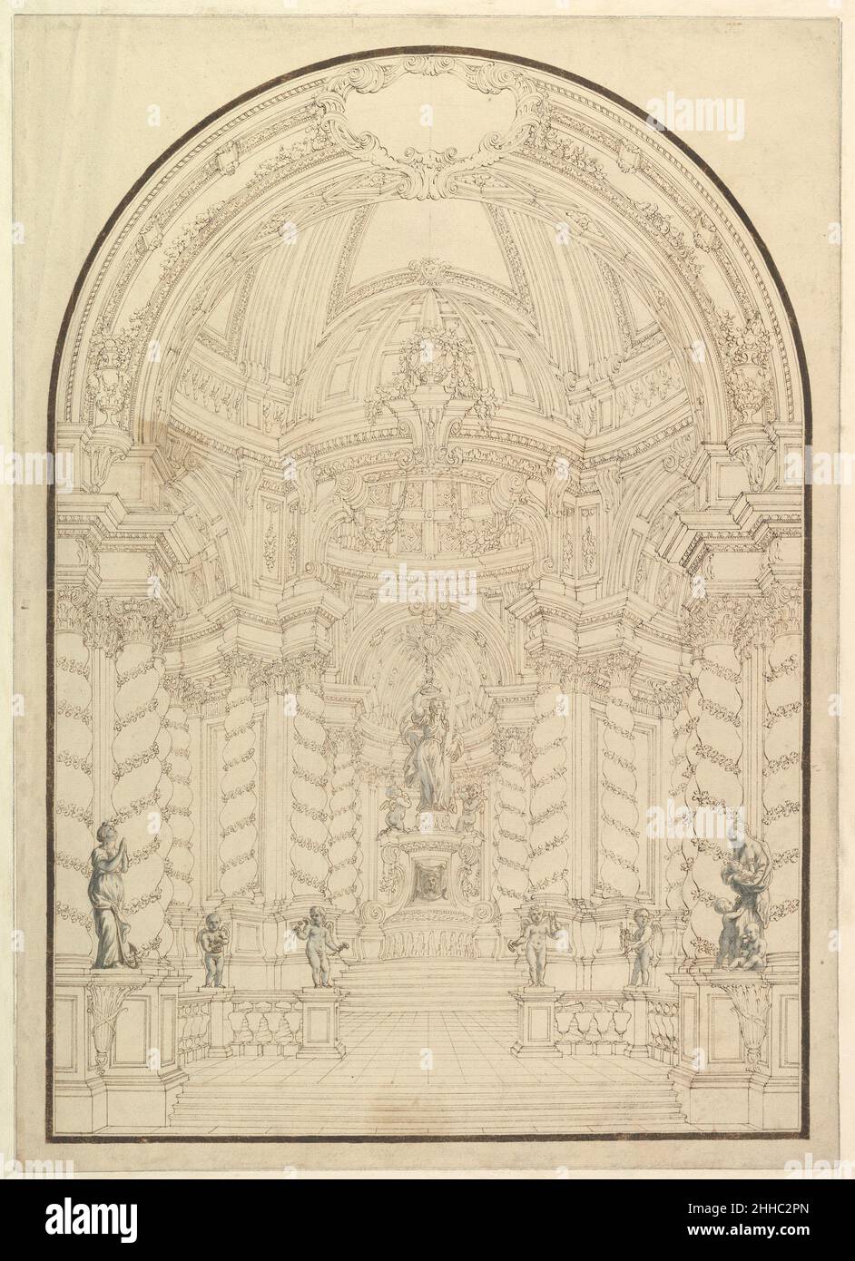 Eine Kapelle mit Figuren von Statuen en Grisaille des Glaubens, der Hoffnung und der Nächstenliebe und 4 Putti mit Symbolen der Passion. 1696–1756 Workshop von Giuseppe Galli Bibiena Italienisch. Eine Kapelle mit Figuren von Statuen en Grisaille des Glaubens, der Hoffnung und der Nächstenliebe und 4 Putti mit Symbolen der Passion. 344453 Stockfoto