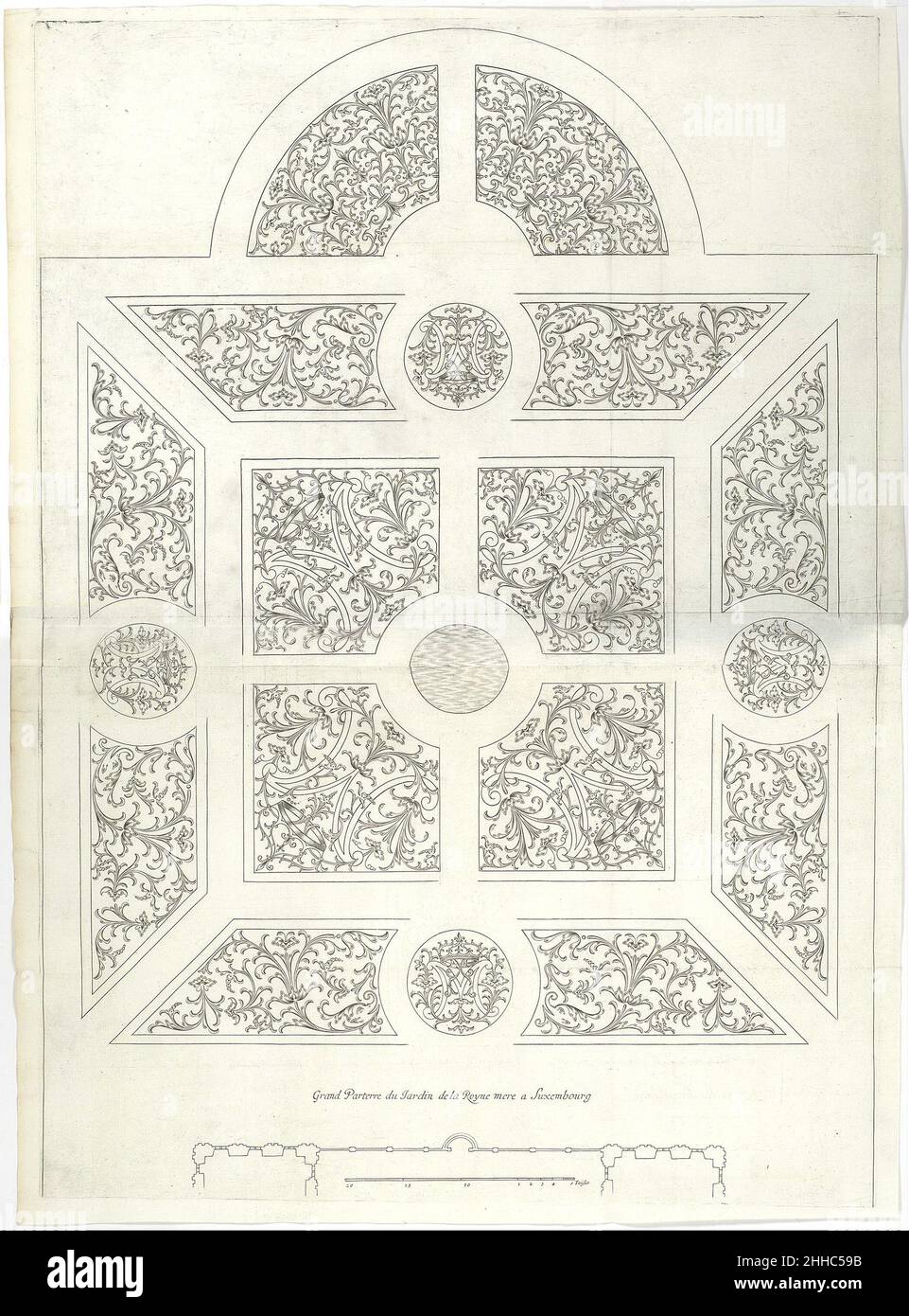 Grand Parterre du Jardin de la Royne Mere a Luxembourg, in Traité du Jardinage selon les Raisons de la Nature et de l'Art 1638 möglicherweise von Michel van Lochom die Traité du jardinage selon les raisons de la nature et de l'Art von Jacques Boyceau de la Baraudière, Veröffentlicht in Paris im Jahr 1638, war die wichtigste Publikation zum Thema Gartenarchitektur in der Zeit vor André Mollets Abhandlung von 1651. Der Titel erklärt den Inhalt des Buches, das praktische Informationen mit ästhetischen Erkenntnissen verbindet. Es war durch die Verbreitung solcher Druckwerke, dass die neuesten Französisch Garten-ar Stockfoto