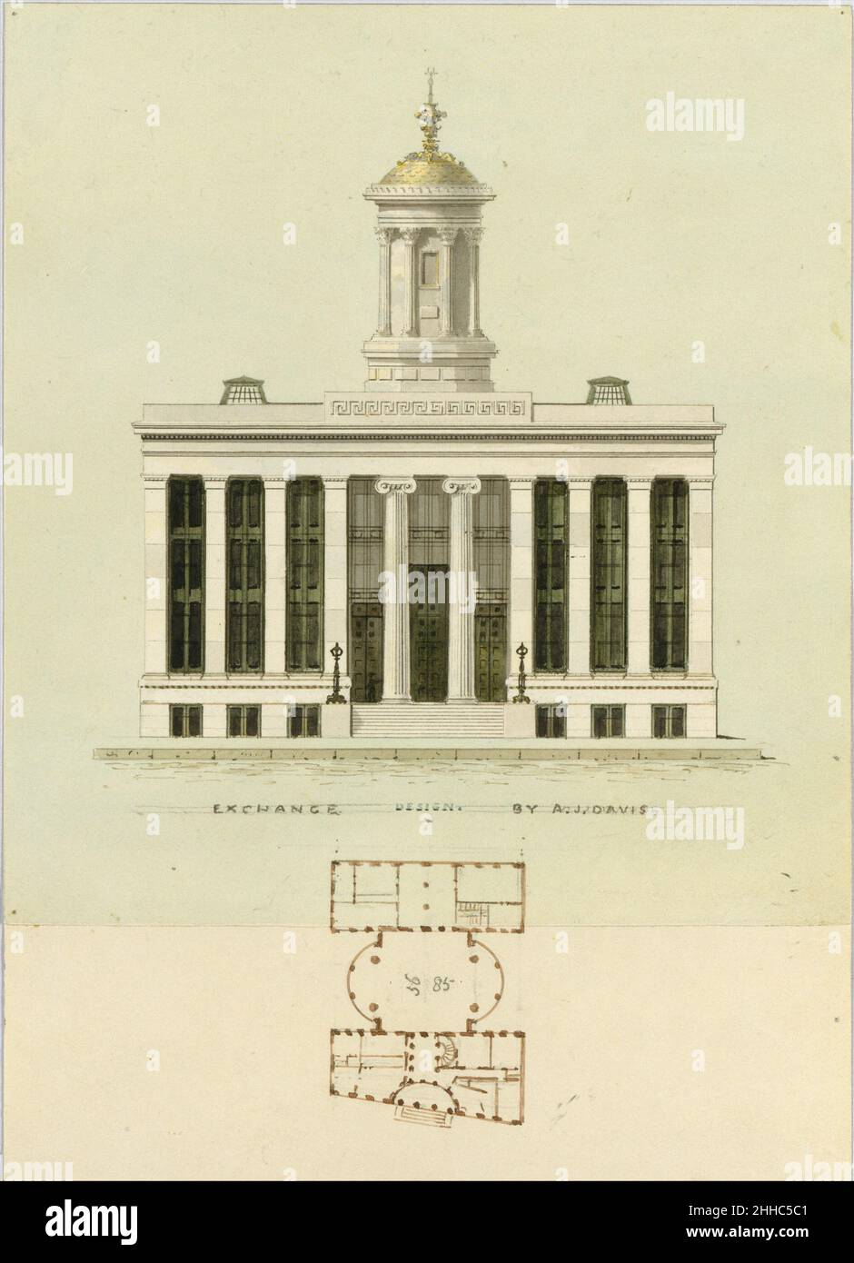 façade Entwurf und alter Plan für die erste Handelsbörse, New York (nicht ausgeführt; Frontaufhebung und Plan) ca. 1829 Alexander Jackson Davis Amerikaner. façade Entwurf und alter Plan für die First Merchant's Exchange, New York (nicht ausgeführt; Frontansicht und Plan) 339850 Stockfoto