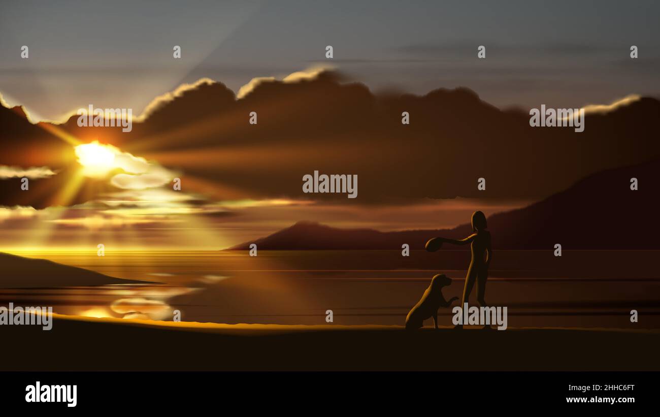 Szenenvektordarstellung einer Frau spielt mit ihrem geliebten Hund an der Küste mit einem schönen Sonnenuntergang. Stock Vektor