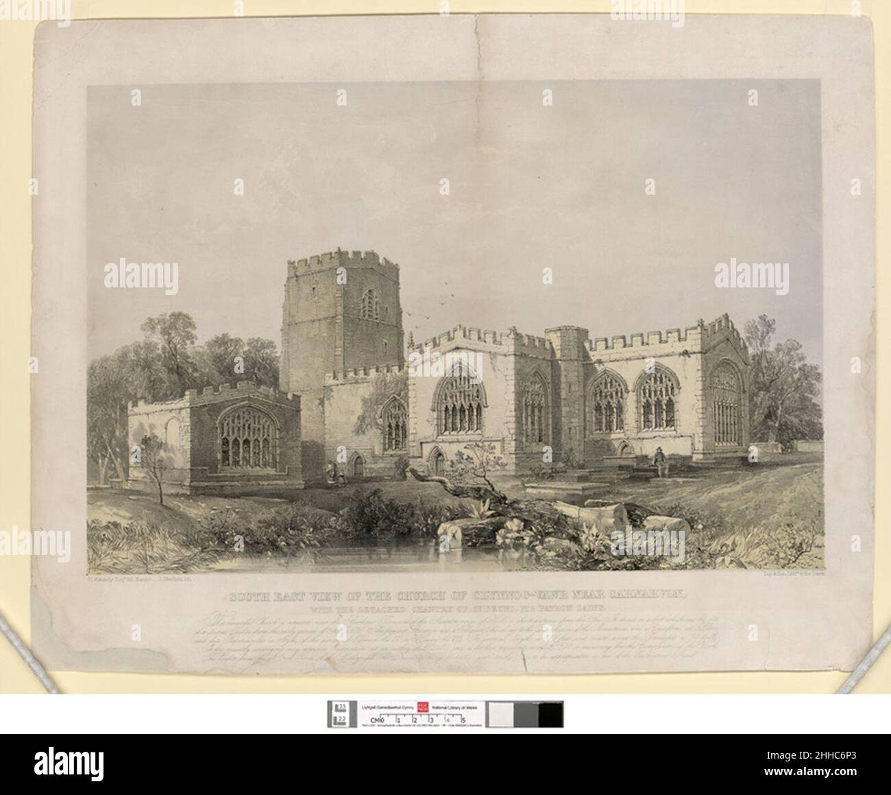 Südöstliche Ansicht der Kirche von Clynnog-Vawr bei Carnarvon, mit dem freistehenden chantry von St. Beuno, seinem Schutzpatron. Stockfoto