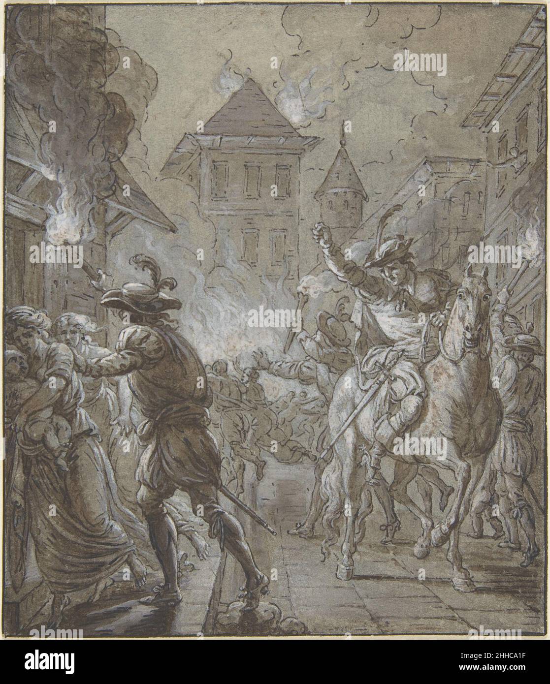 Soldaten plündern eine Stadt 17th Jahrhundert zugeschrieben Anonymous, 17th Jahrhundert. Soldaten plündern eine Stadt. Anonymous zugeschrieben, 17th Jahrhundert. 17th Jahrhundert. Stift und schwarze und braune Tinte, Pinsel und braune Wäsche, mit Weiß verstärkt, auf gebeiztem Papier, das mit grauer Wäsche und schwarzen Tuscheumrahmungen vorbereitet wurde. Zeichnungen Stockfoto