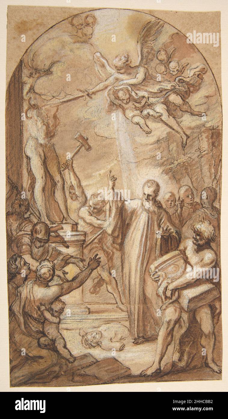 Der heilige Benedikt beordert in Montecassino die Zerstörung von Götzen 1694–1759 Gaspare Serenario Italienisch Diese hochgearbeitete Kompositionszeichnung wurde im Dúrcal-Verkauf 1889 als Werk von Domenico Gargiulo, Und der Spitzname des Künstlers 'Spadaro' (für 'Micco Spadaro') wurde vermutlich dann am oberen Rand des Blattes notiert. Die Rückseite trägt eine alte Zuordnung zu Sebastiano Conca (1680-1764). Bei einem Besuch des Museums im Jahr 1968 bemerkte Philip Pouncey auf dem Berg, dass „sich in der Nähe von Sebastiano Conca befinden“. Fast zwei Jahrzehnte später wies Lawrence Turčić darauf hin, dass die Zeichnung eine PR zu sein scheint Stockfoto