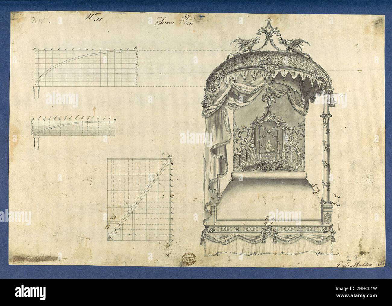 Doom [Dome] Bed, in Chippendale Drawings, Vol. I 1753 Thomas Chippendale Britische Vorzeichnung für Thomas Chippendales 'Gentleman and Cabinet Maker's Director'. Rückseitig als Platte XXXI in den Ausgaben 1754 und 1755 veröffentlicht. Die Platte wurde in der Ausgabe 1762 geändert und als Platte XLIII umnummeriert. Doom [Dome] Bett, in Chippendale Zeichnungen, Vol. I 390514 Stockfoto