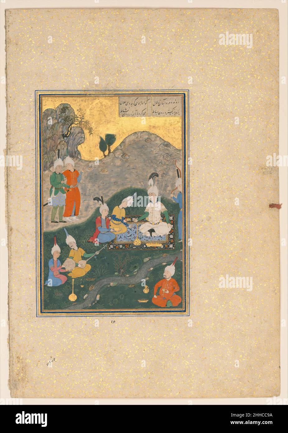 'Alexander bei einem Bankett', Folio aus einem Khamsa (Quintett) von Nizami datiert A.H. 931/A.D. 1524–25 Nizami die Khamsa von Nizami, geschrieben zwischen 1298 und 1302, ist ein kanonisches Werk der persischen Literatur. Eines der fünf Gedichte darin erzählt die Geschichte von Alexander dem Großen, der in verschiedenen Geschichten als Halbbruder des persischen Königs Darab identifiziert wird. Durch diese Präsentation von Alexander konnte sich das Publikum mit dem Eroberer seiner Vorfahren identifizieren. Obwohl die Geschichte im vierten Jahrhundert v. Chr. stattfand, geben die Objekte, die in dieser Festszene (Bazm) erscheinen, einen Einblick in die Typen Stockfoto