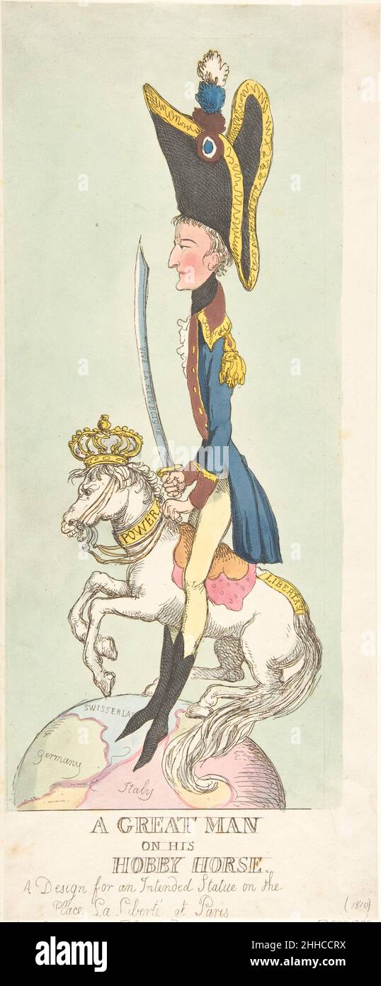 Ein großer Mann auf seinem Hobbypferd 1803 Thomas Rowlandson der Brite Napoleon, der ungemein gestreckt ist, reitet auf einem Pferd, das auf einem Globus aufsteigt und eine Krone und einen Kragen mit der Aufschrift „Power“ trägt. Unter ihren Füßen ist eine Landkarte von Italien, der Schweiz und Deutschland. Ein großer Mann auf seinem Hobbypferd 392824 Stockfoto