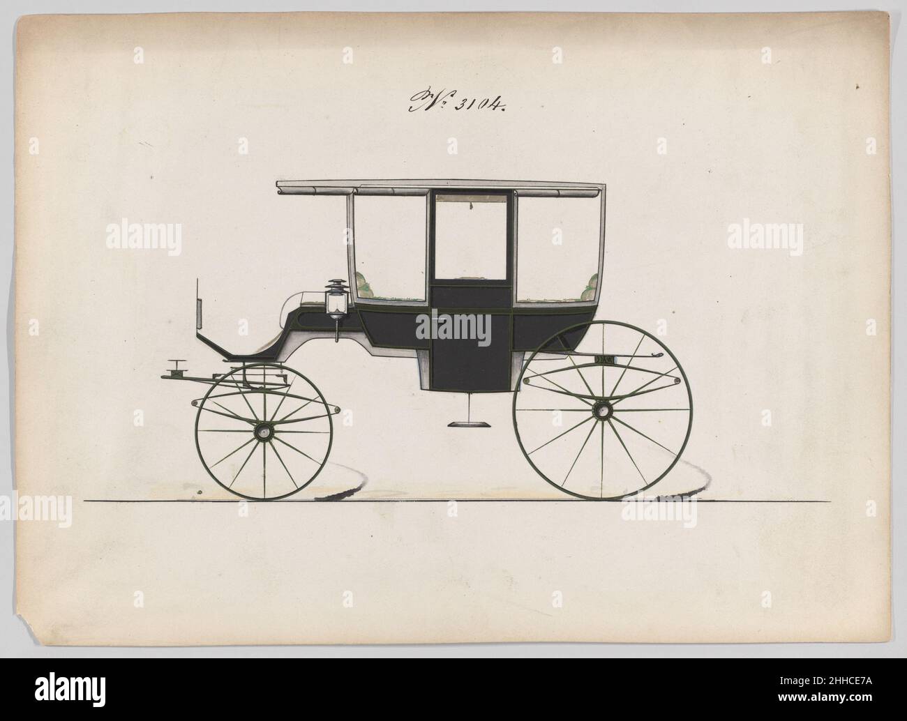 Design für 6 Sitz Rockaway, Nr. 3104 1875 Brewster & Co. American Brewster & Company HistorieBrewster & Company wurde 1810 von James Brewster (1788–1866) in New Haven, Connecticut, gegründet und spezialisierte sich auf die Herstellung von feinen Wagen. Der Gründer eröffnete 1827 einen New Yorker Showroom in der 53-54 Broad Street, und das Unternehmen florierte unter Generationen der Familienführung. Die Expansion erforderte Umzüge in Lower Manhattan, wobei Namensänderungen die Veränderungen des Managements widerspiegeln – James Brewster & Sons operierte an der Canal Street 25, James Brewster Sons am Broadway 396 und Brewster von der Broome Street war Stockfoto