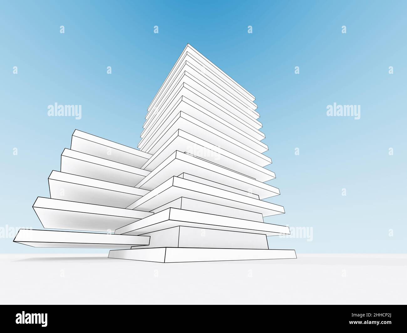 Umriss eines Drahtrahmens eines modernen weißen Gebäudes unter klarem blauen Himmel, 3D Rendering Illustration Stockfoto
