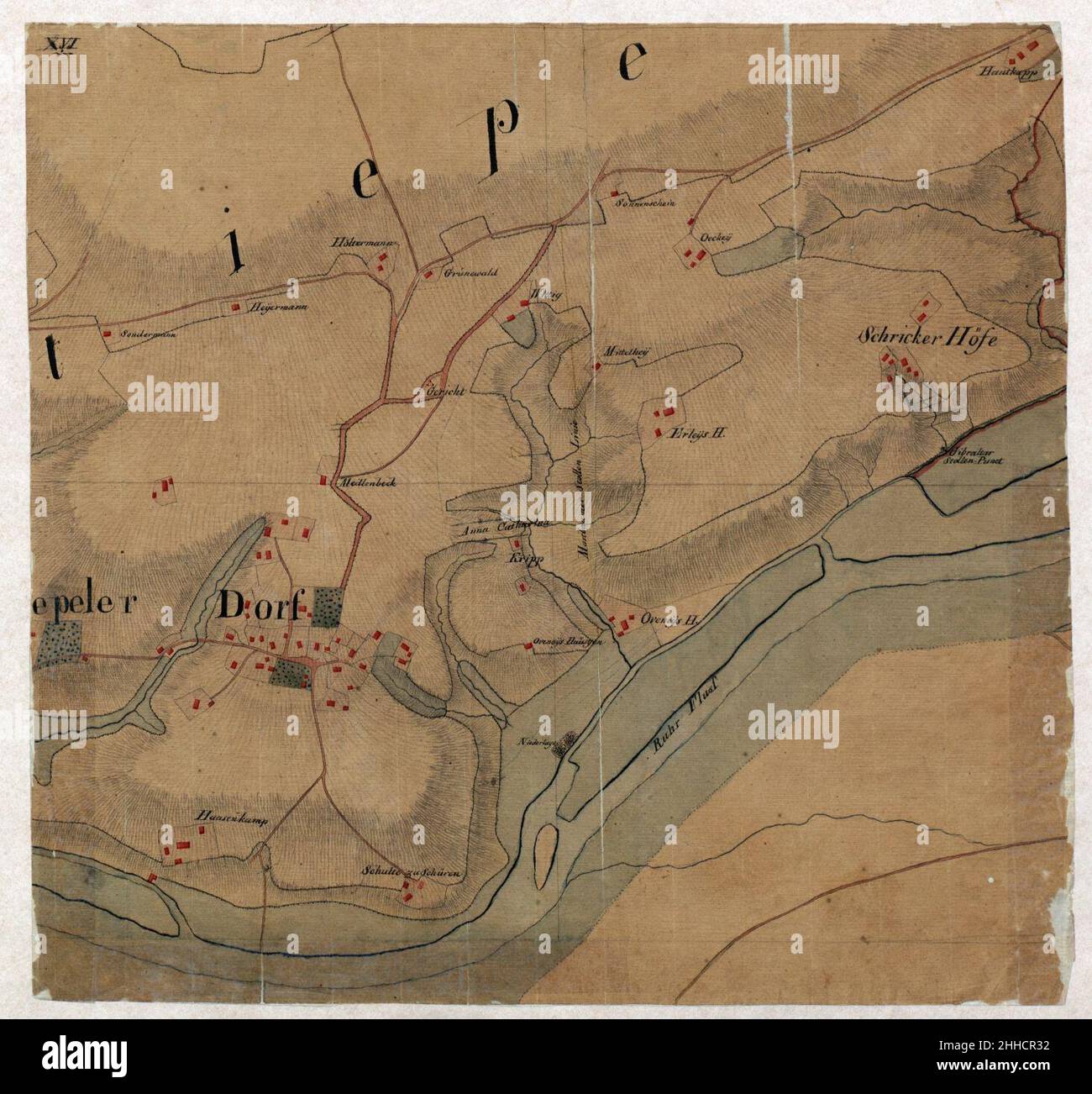 Spezialkarte des mittleren Bergwerkdistrikts des Amts Bochum 16 Blatt XVI - Stiepeler Dorf, Hattingen, Witten 1792. Stockfoto