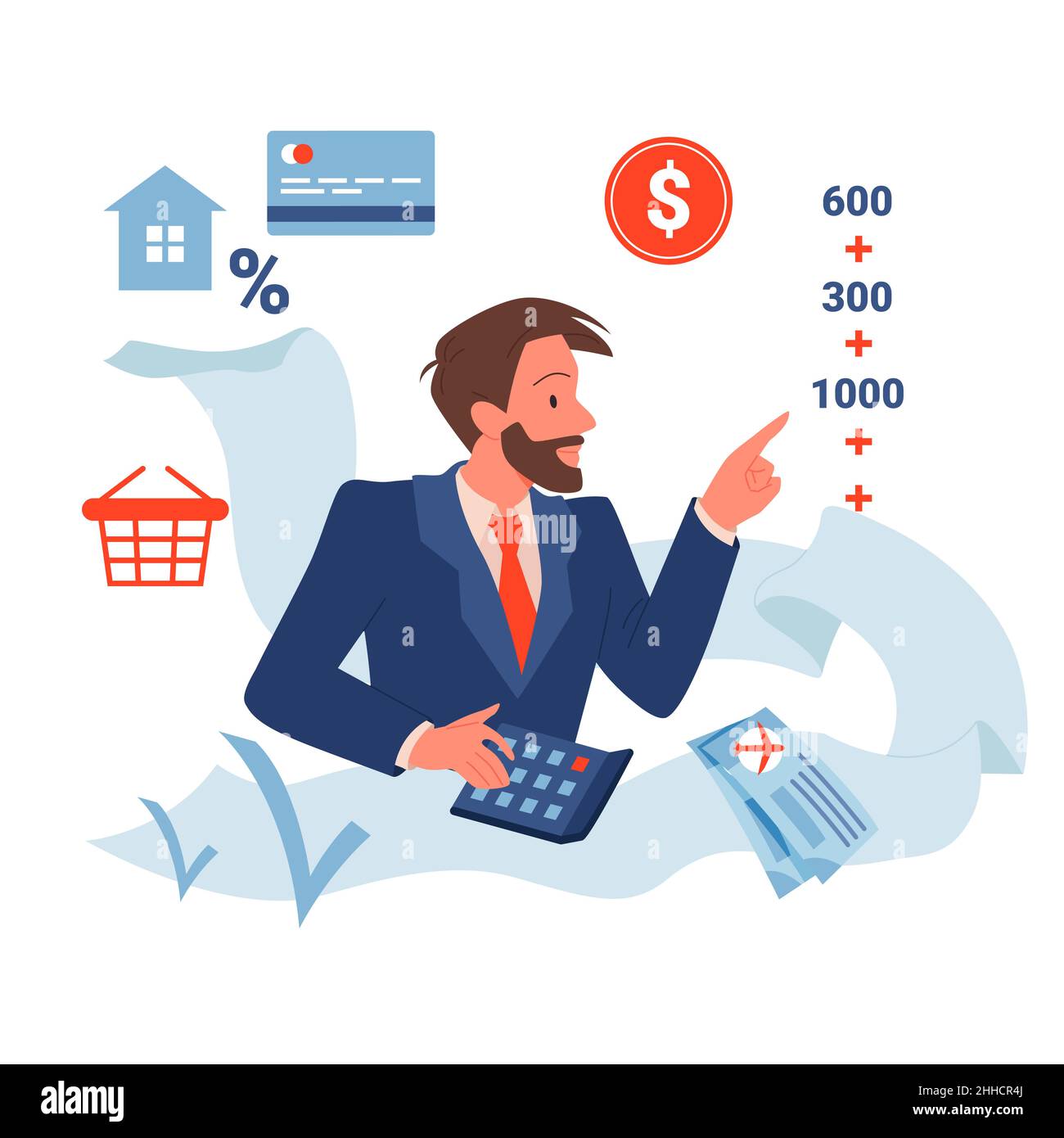 Persönliche Familienbudget Berechnung und Planung, Mann Berechnung der Zuweisung, Zahlungen Stock Vektor