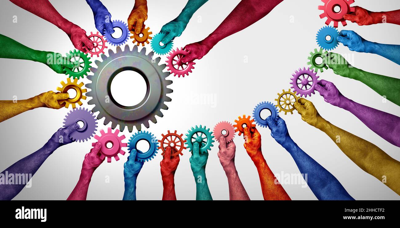 Zusammenarbeit im Unternehmen und Erfolg zusammen oder Zusammenarbeit als Teamkonzept oder Verbindung von Teamwork-Idee als geschäftliche Metapher für den Beitritt. Stockfoto