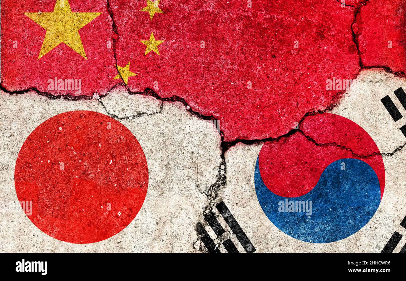 Grunge-Flaggen Illustration von drei Ländern mit Konflikten und politischen Problemen (knackiger konkreter Hintergrund) | China, Japan und Südkorea Stockfoto