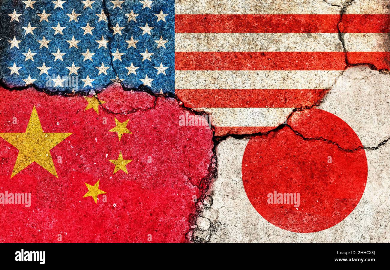 Grunge-Flaggen Illustration von drei Ländern mit Konflikt- und politischen Problemen (knackiger konkreter Hintergrund) / China, USA und Japan Stockfoto