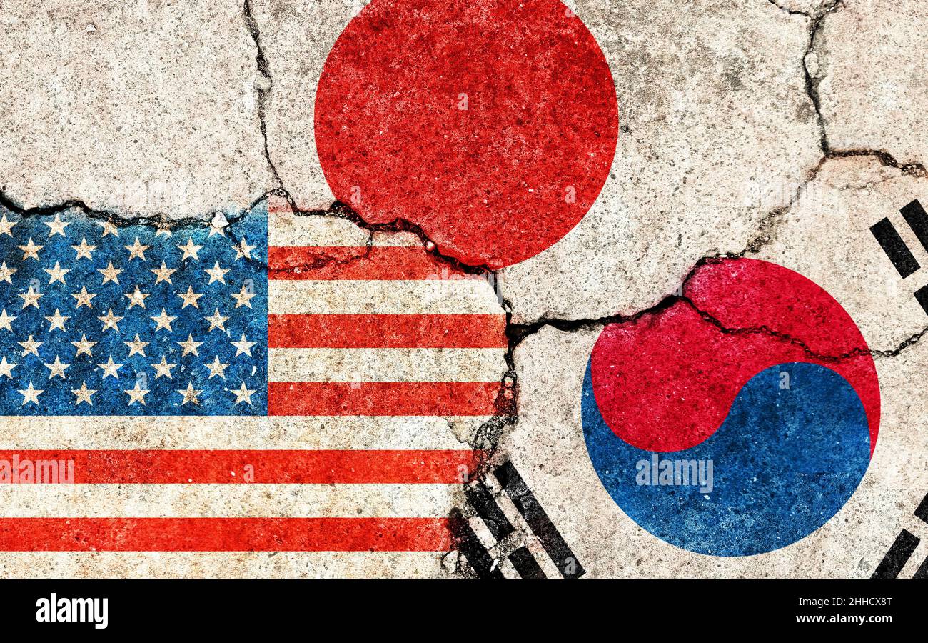 Grunge Flaggen Illustration von drei Ländern mit Konflikten und politischen Problemen (knackiger konkreter Hintergrund) | USA, Japan und Südkorea Stockfoto
