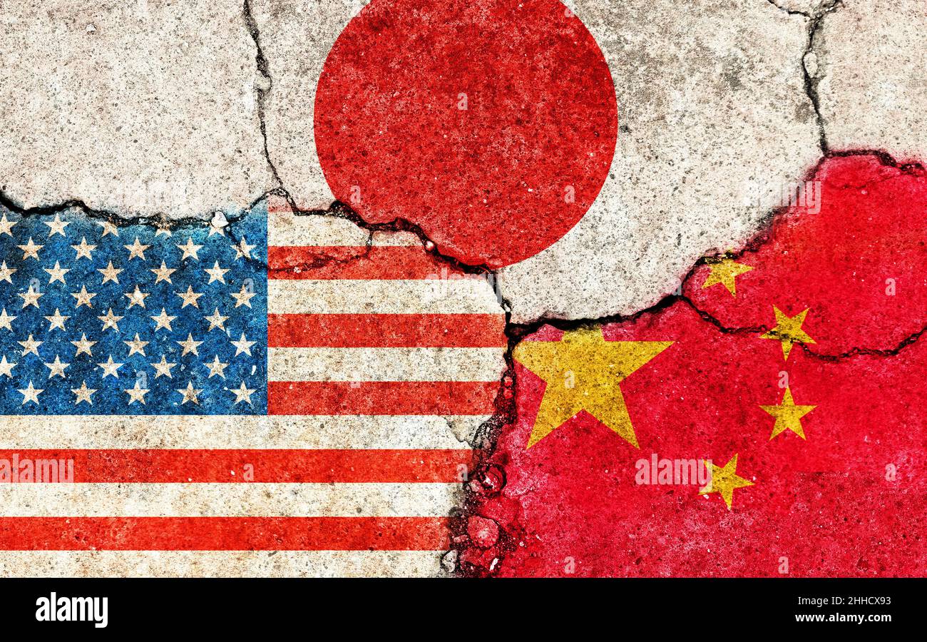 Grunge-Flaggen Illustration von drei Ländern mit Konflikt- und politischen Problemen (knackiger konkreter Hintergrund) / China, USA und Japan Stockfoto