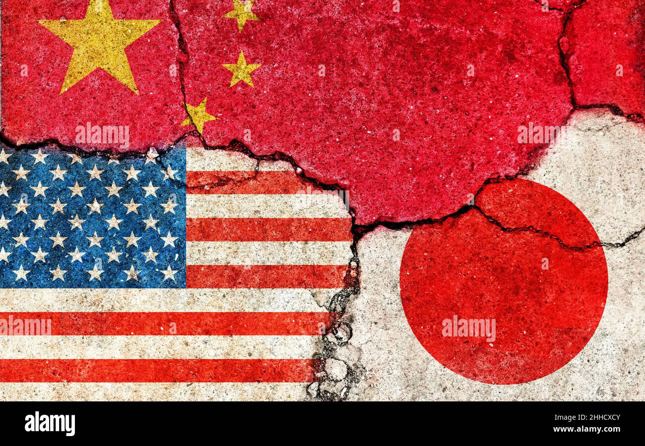 Grunge-Flaggen Illustration von drei Ländern mit Konflikt- und politischen Problemen (knackiger konkreter Hintergrund) / China, USA und Japan Stockfoto