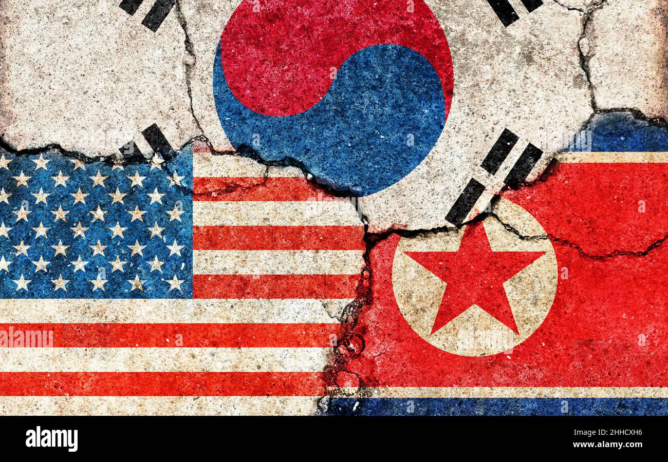 Grunge-Flaggen Illustration von drei Ländern mit Konflikten und politischen Problemen (knackiger konkreter Hintergrund) | USA, Südkorea und Nordkorea Stockfoto