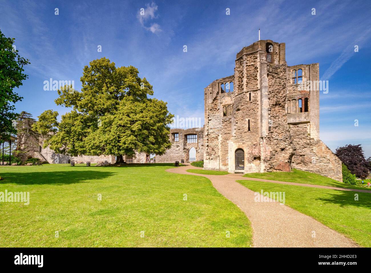4. Juli 2019: Newark on Trent, Nottinghamshire, Großbritannien - das Schloss und das Gelände, frei für die Öffentlichkeit zugänglich. Laubbäume und grüner Rasen. Stockfoto
